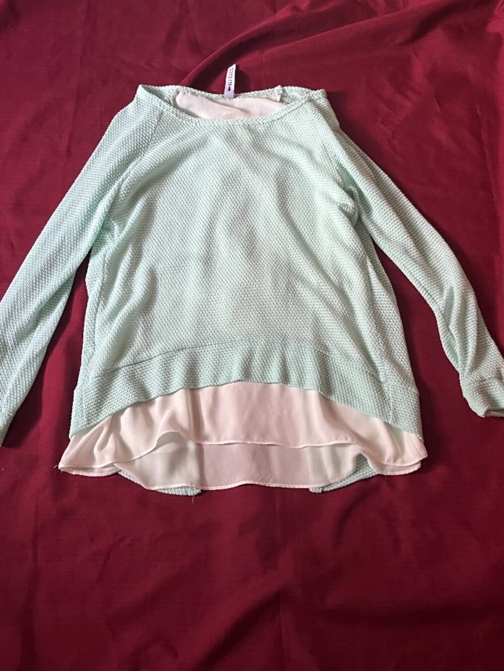 Light Green knit sweater with a sheer blush chiffon size s. for women made inUSA